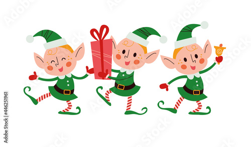Set of different cute little Santa elves characters with gift box, ring bell, dance isolated. Vector flat cartoon illustration. For Christmas cards, patterns, banners, stickers. photo