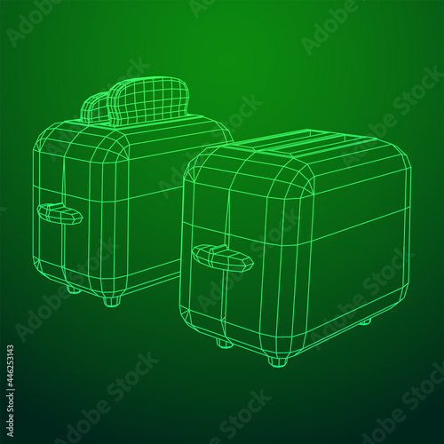 Toaster with two fried pieces of loaf prepared for a breakfast. Wireframe low poly mesh vector illustration.