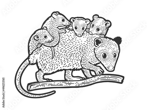 Billede på lærred Opossum mom with baby opossum line art sketch engraving vector illustration