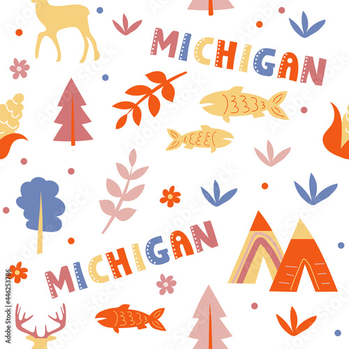 USA collection. Vector illustration of Michigan theme. State Symbols - seamless pattern