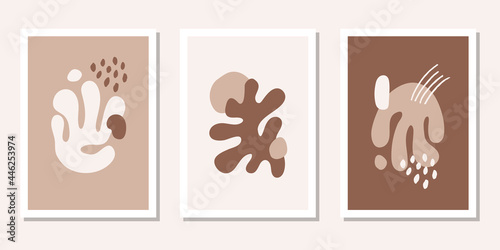 Modern set posters with abstract brown organic shapes. Contemporary minimal wall art decor. Matisse vector prints