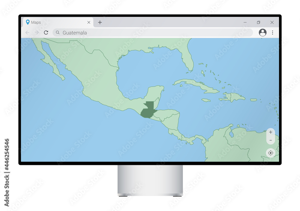 Computer monitor with map of Guatemala in browser, search for the country of Guatemala on the web mapping program. Computer monitor with map of Guatemala in browser, search for the country of Guatemala on the web mapping program.