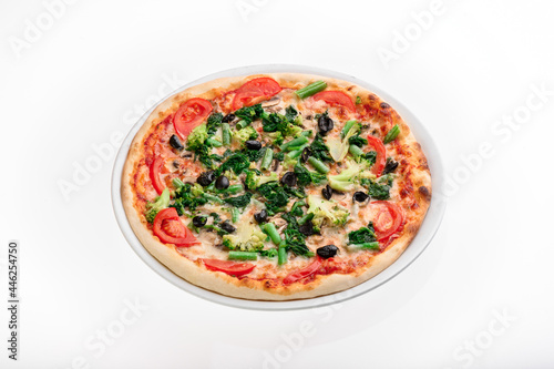 Vegetarian pizza with vegetables and cheese isolated on white background. Mockup pizza for menu and website. High quality photo