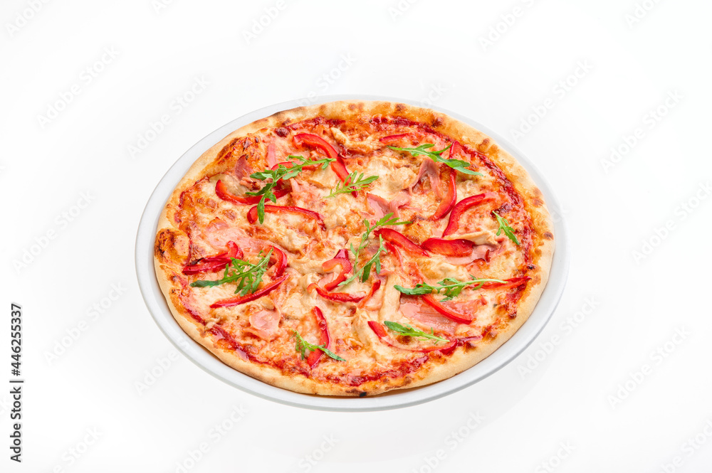 Pizza with ham, bell pepper and cheese isolated on white background. Mockup pizza for menu and website. High quality photo Pizza with ham, bell pepper and cheese isolated on white background. Mockup pizza for menu and website. High quality photo