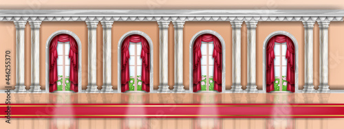 Palace interior background, vector castle ballroom hall, royal luxury hallway, marble pillar, carpet, curtain. Classic baroque gallery arch window, stone column. Traditional balustrade palace interior