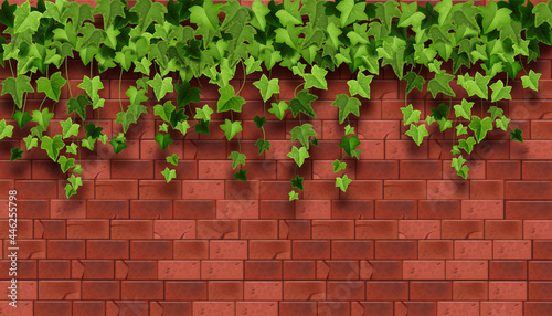 Ivy plant vector background, red brick house wall texture, climbing vine leaf, garden greenery illustration. Architecture floral interior backdrop, hanging creeper twig. Stone tiles, green ivy plant