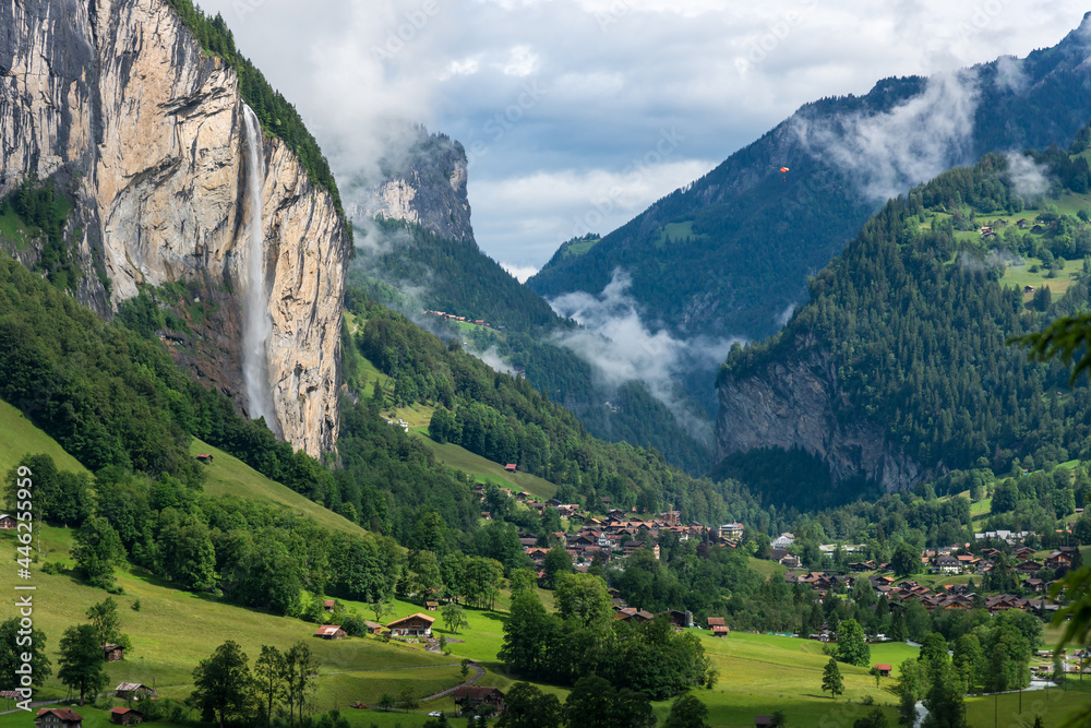An idyllic rural landscape shot near Lauterbrunnen, Switzerland.