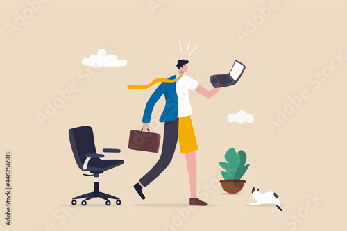 Fototapeta Hybrid work after covid-19 crisis, employee choice to work remotely from home or on site office for best productivity and result concept, businessman with hybrid cloth work both from home and office