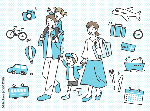 家族でお出かけするベクターイラスト素材／アイコン／親子／旅行