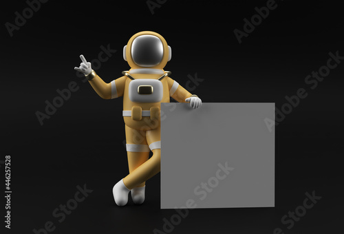 3D Render Astronaut Holding a White Banner on a Black Background.