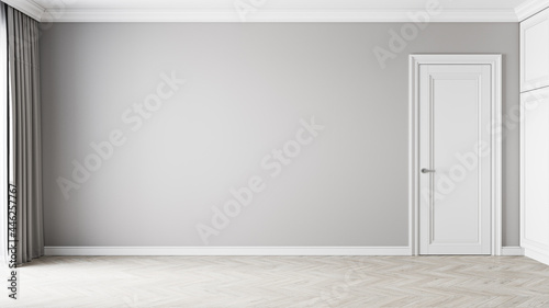 Classic gray interior with blank wall and door. 3d render illustration mockup.