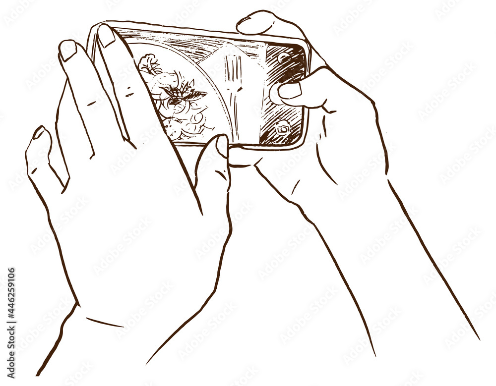 Sketch of human hands holding smartphone taking photo. Doole Vector illustration
