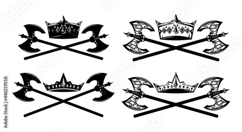 crossed medieval battle axes and royal crown - king power monochrome vector design set