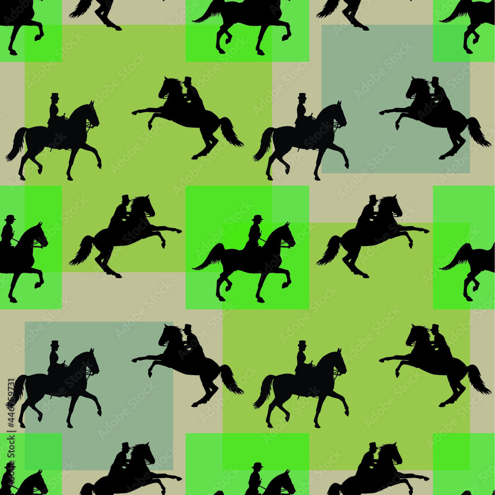seamless background of silhouettes isolated on a colored background, a lady and a gentleman on horseback