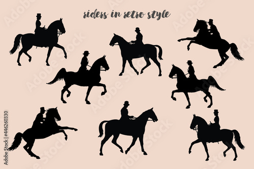 set, silhouettes isolated on a light background, a lady and a gentleman on horseback