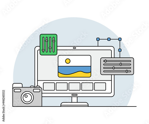 Online Profession with Learning Platform for Video Editor and Computer Interface Display Line Vector Illustration