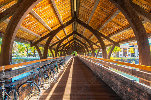 wooden bridge over the Inn River in Innsbruck, Austria on October 15 2016