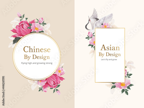 Wreath template with Bird and Chinese flower concept,watercolor style