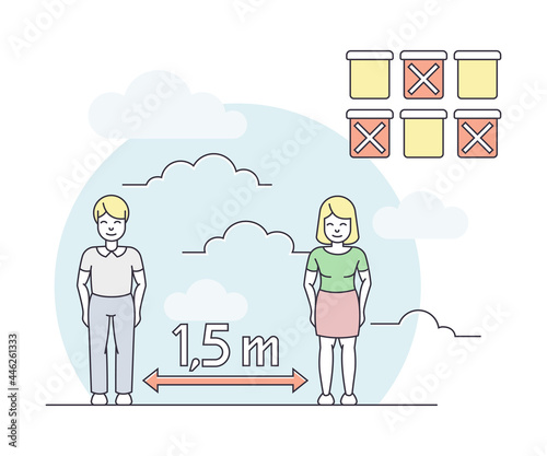 Pandemic with Social Distancing as Safety Measure Line Vector Illustration