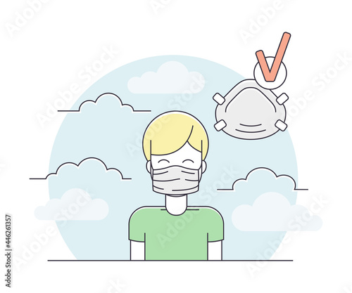 Pandemic with Medical Mask Wearing as Safety Measure Line Vector Illustration
