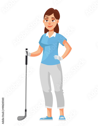 Female golfer holding club. Sportswoman in cartoon style.