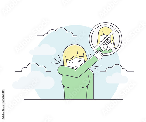 Pandemic with Woman Covering with Elbow While Coughing as Safety Measure Line Vector Illustration