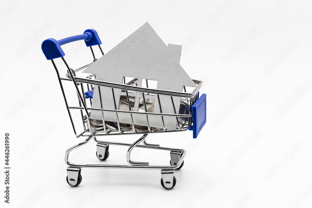 Purchase and sale of housing. Mortgage for the purchase of a house. Rental Property. Mock up of a paper house in in a coin shop cart. Close-up. Copy space. Good deal.