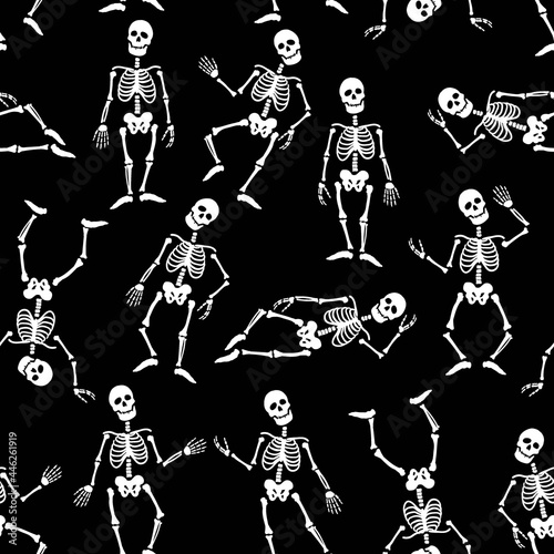 Seamless pattern with the image of skeletons in different poses. Design for paper, textile and decor. Vector illustration.
