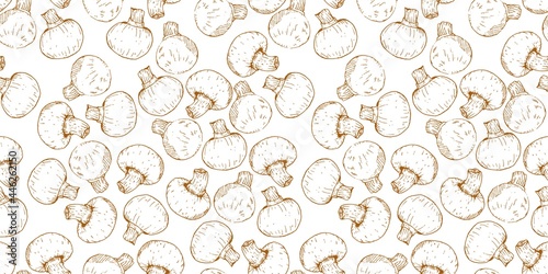 fresh tasty brown champignon mushroom food ingredient repeat seamless pattern doodle cartoon style wallpaper vector illustration