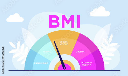 Body mass index and fitness exercise concept. Obese chart scales isolated flat vector illustration. Body mass index control abstract concept. Trying to control body weight with BMI. Web banner