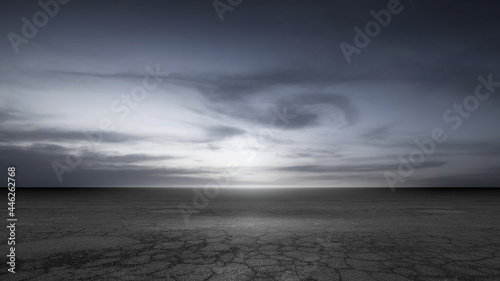Dark Dramatic Night Sky Horizon Background and Product Placement Scene with Cracked Concrete Floor