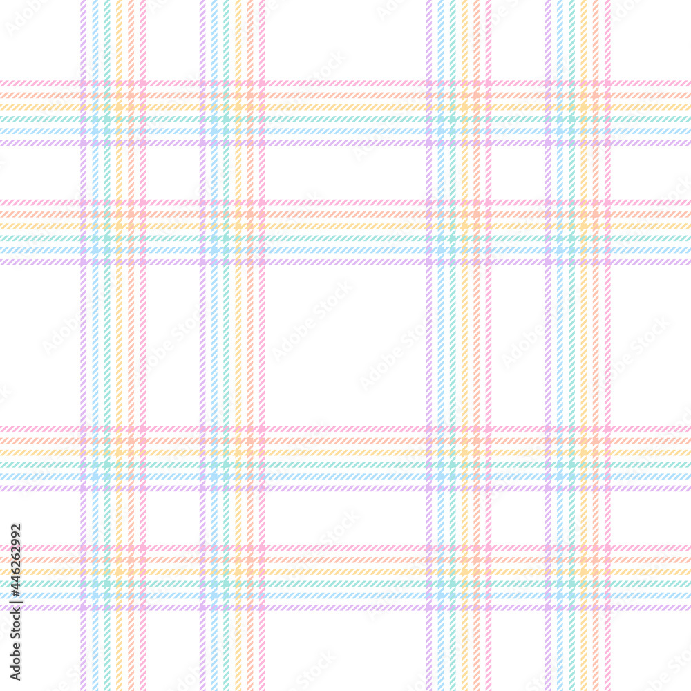 Seamless check plaid pattern for Easter holiday in pastel purple, blue, green, pink, orange, yellow, white. Seamless light tartan background vector for flannel shirt or other modern fashion textile.