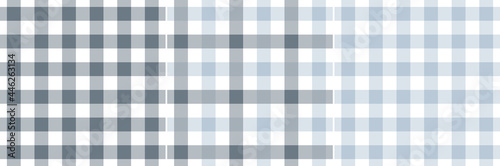 Gingham vector pattern set in light grey, blue, white. Seamless vichy graphic background for cotton shirt, dress, skirt, duvet cover, towel, other modern spring summer autumn winter fashion design.