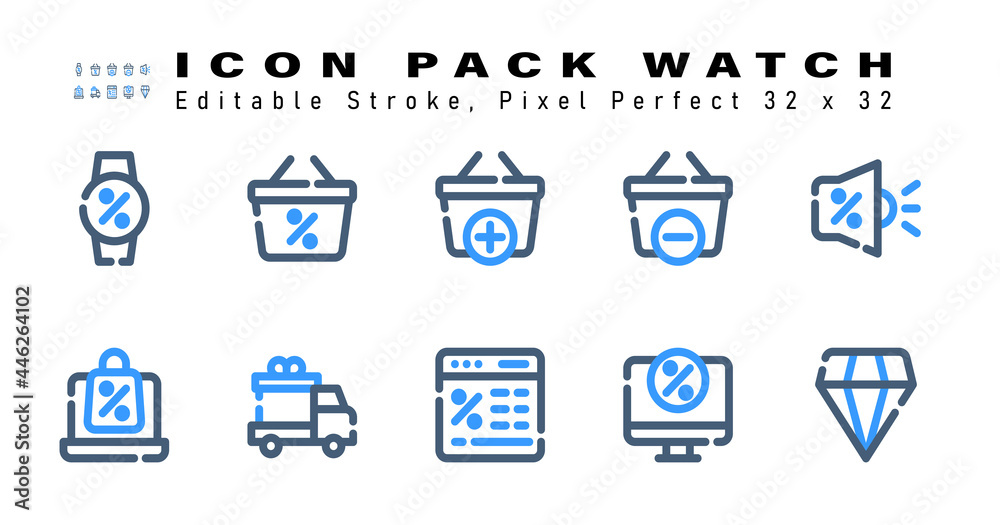Icon Set of Watch Two Color Icons. Contains such Icons as Promotion, Shopping Online, Delivery Truck, Web etc. Editable Stroke. 32 x 32 Pixel Perfect