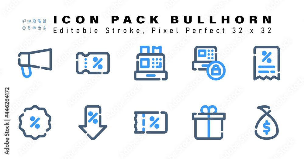 Icon Set of Bullhorn Two Color Icons. Contains such Icons as Invoice, Discount, Discount Tag, Coupon etc. Editable Stroke. 32 x 32 Pixel Perfect