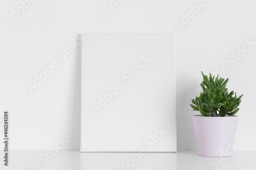 White canvas mockup with a succulent plant on the table.