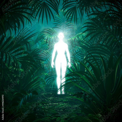 Fototapeta Naklejka Na Ścianę i Meble -  Alien female spirit of the forest / 3D illustration of glowing ghostly woman in dense green tropical jungle