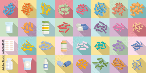 Probiotics icons set flat vector. Stomach prebiotic