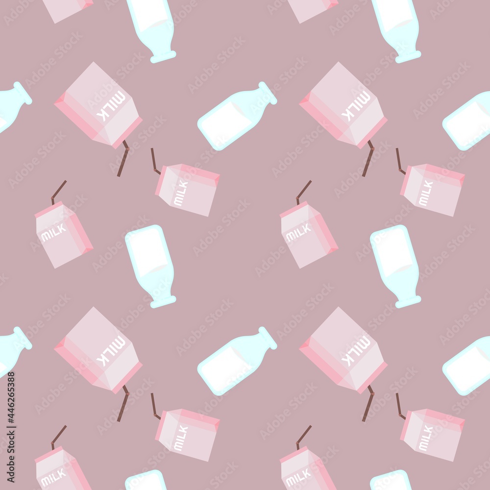 tasty pink milk box bottle repeat seamless pattern doodle cartoon style wallpaper vector illustration