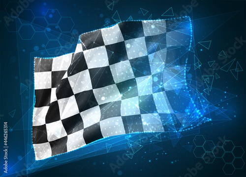 vector flag, black and white checkered virtual abstract 3D object from triangular polygons on a blue background