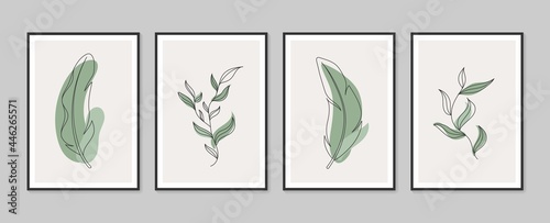 Botanical wall art vector set. Minimal and natural wall art. Boho foliage line art drawing with abstract shape. Abstract Plant Art design for print, wallpaper, cover. Modern vector illustration.