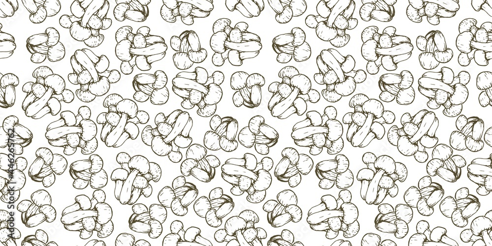 fresh tasty brown beech clamshell mushroom food ingredient repeat seamless pattern doodle cartoon style wallpaper vector illustration