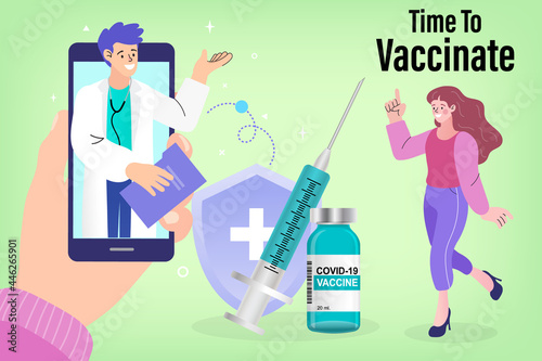 Time to vaccinate stop covid-19. Book a vaccination queue on your phone. Vaccination to protect. Banner Stop coronavirus. Vector illustration in flat style. 
