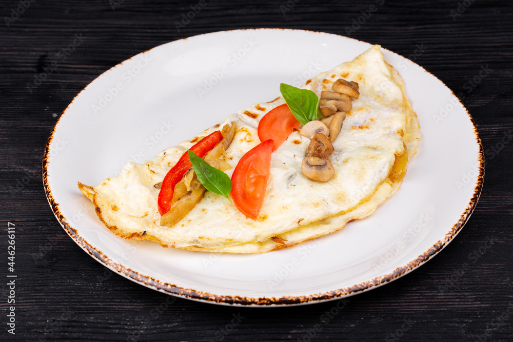 European omelet, egg, milk, pepper, champignons, cheese