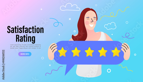 Woman hold stars or give five star feedback. Client choose satisfaction rating and leave positive product or service review. Customers evaluating a product, service. Vector Illustration.