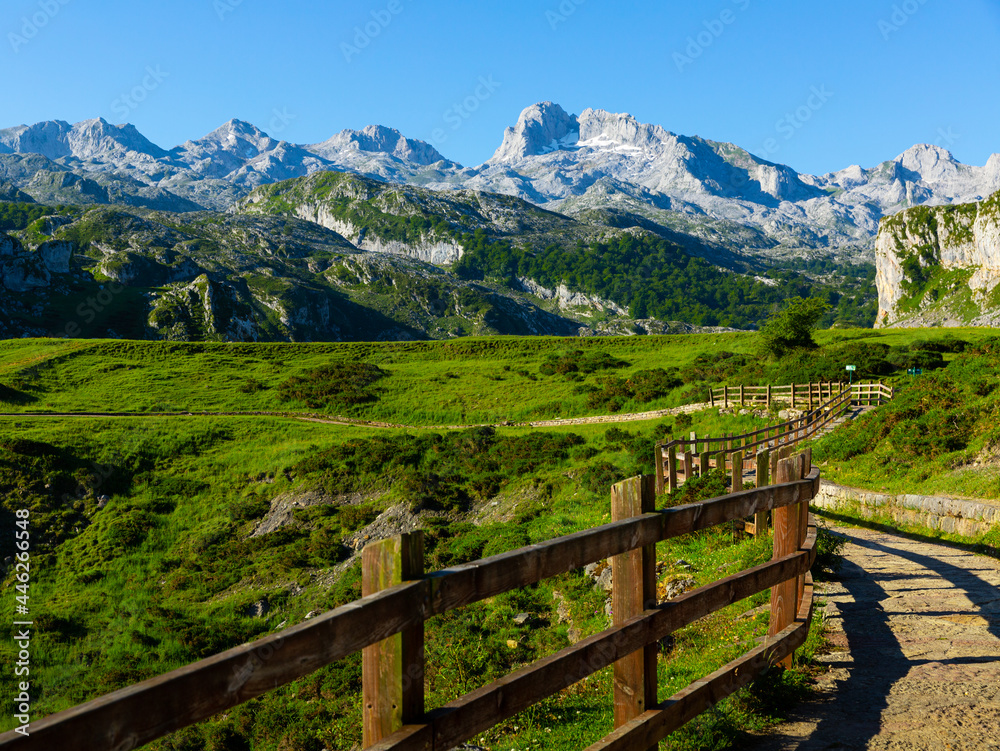 Unique summer landscape of Peaks of Europe with rocky mountain ranges and greenery on foothills, Spain