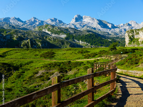 Unique summer landscape of Peaks of Europe with rocky mountain ranges and greenery on foothills, Spain
