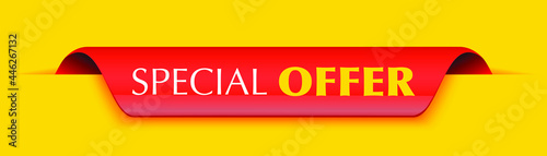 Special offer red banner on yellow background. Sticker. Vector illustration.