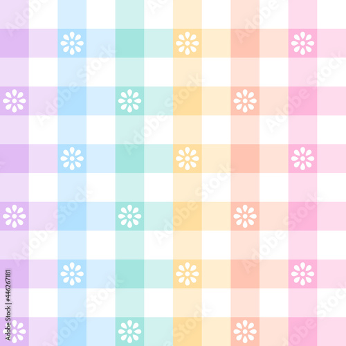 Gingham check pattern with flowers. Multicolored pastel tartan vichy background purple, blue, green, yellow, orange, pink, white for spring summer flannel shirt, skirt, jacket, top, dress, tablecloth.