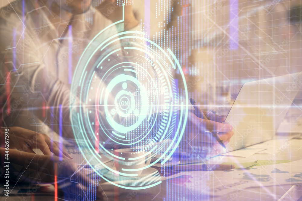 Double exposure of man and woman working together and technology theme drawing hologram. Big data concept. Computer background. Double exposure of man and woman working together and technology theme drawing hologram. Big data concept. Computer background.